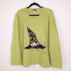 Peek a Boo sequin witch hat Halloween sweater ramie whimsical retro lime green